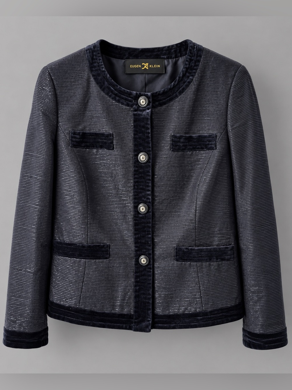 Eugen Klein Shimmer Jacket US 14 NWT Navy Velvet Trim $349 Retail